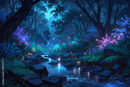 Fantasy dark forest with a stream - Anime painting poster