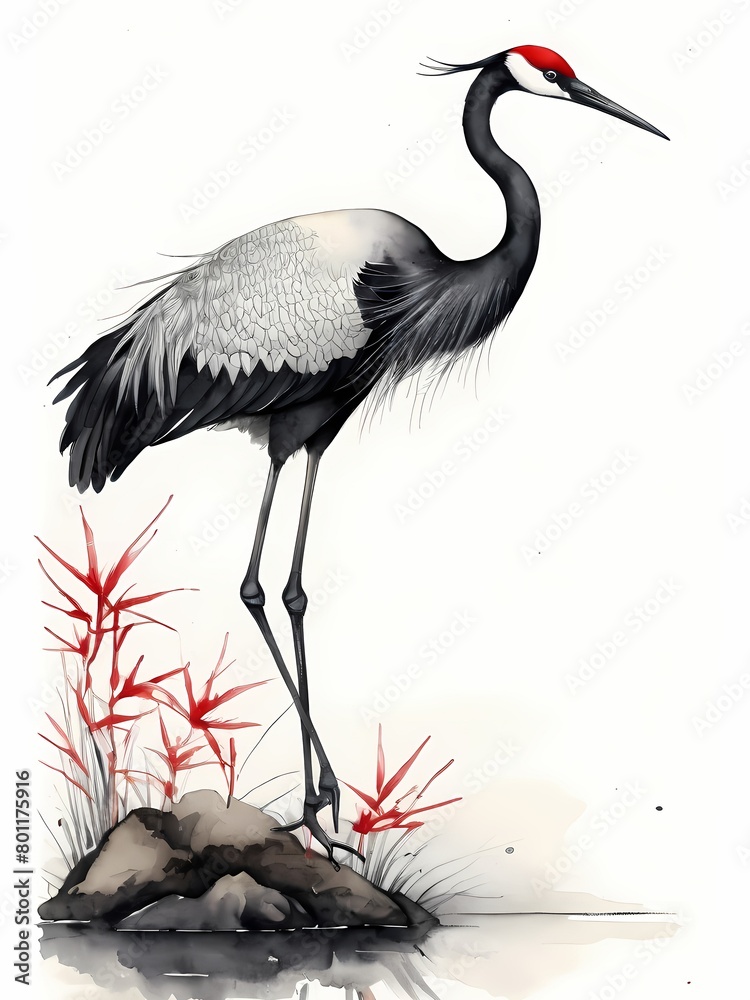 Fototapeta premium Shuimo hua,black and red ink, a crane in chinese style generative AI illustration