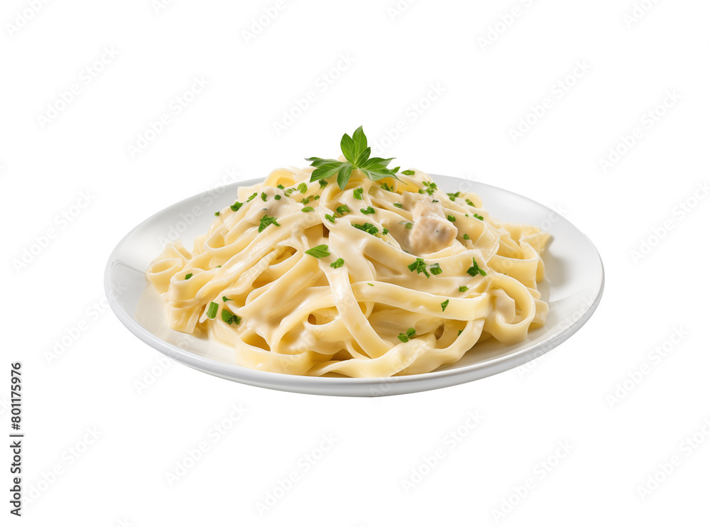 Creamy Alfredo fettuccine pasta topped with fresh herbs, served on a white plate, isolated on a transparent background. Generative AI Creamy Alfredo fettuccine pasta topped with fresh herbs, served on a white plate, isolated on a transparent background. Generative AI