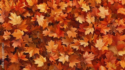 A full-frame  densely packed illustration of autumn leaves  with a few leaves caught in mid-air  giving the impression of a gentle fall breeze. 
