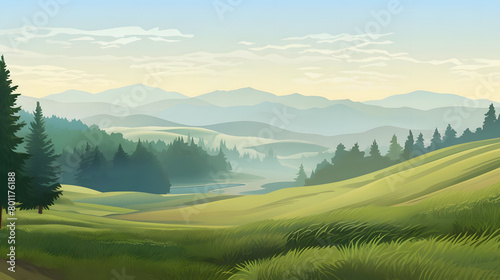Meadow Mornings, Dewy Grass on Rolling Hills with Hemlock Trees. Realistic hills landscape. Vector background