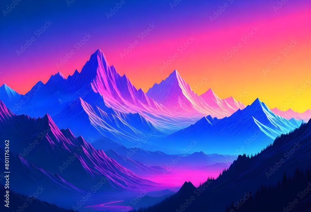 Cyberpunk Serene Mountain Range At Sunset Majestic