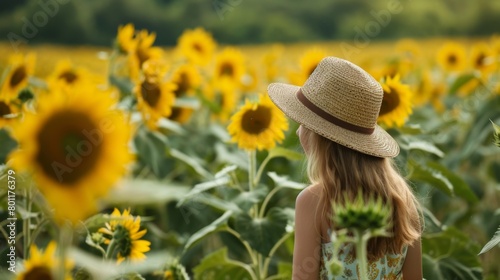 A young girl wearing a straw hat in sunflower field