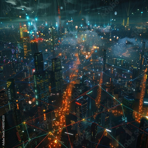The image is of a futuristic city at night. There are many tall buildings and a lot of lights. There are also some clouds in the sky and a few stars.   © Awais