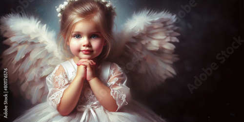 oil painting style illustration of a little girl or toddler angel with hands together praying, on grey background, blue eyes, blond