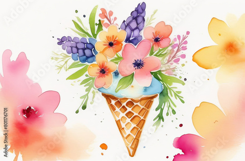 A beautiful watercolor painting featuring an ice cream cone filled with vibrant flowers, showcasing a unique blend of art and nature