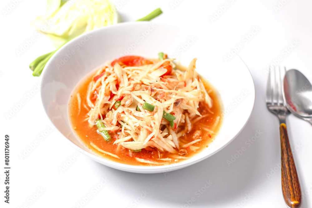 Somtum, Spicy papaya salad on white background