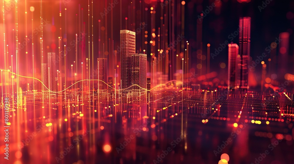 This is an abstract image with bright red and orange lights forming a 3D cityscape.

