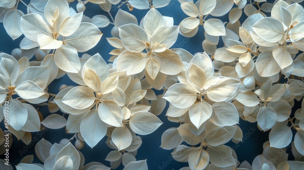 A tight shot of numerous white blooms against a blue backdrop, softly blurred petals A tight shot of numerous white blooms against a blue backdrop, softly blurred petals
