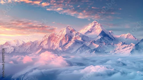 A snow-capped mountain range is shown in the distance with a clear blue sky above. The mountains are covered in snow and the sun is rising or setting behind them, casting a pink and purple glow on the