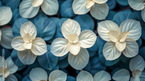  A cluster of white flowers sits atop a stack of blue and white blooms