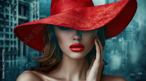 Beautiful Woman model with an elegant red round hat is enchanting AI generated image photo
