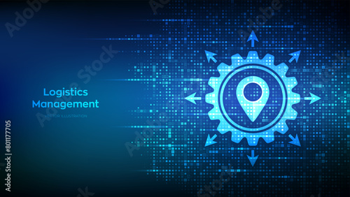 Logistics management icon made with binary code. Smart logistics and transportation. Logistic global network distribution. Digital code background with digits 1.0. Vector Illustration.