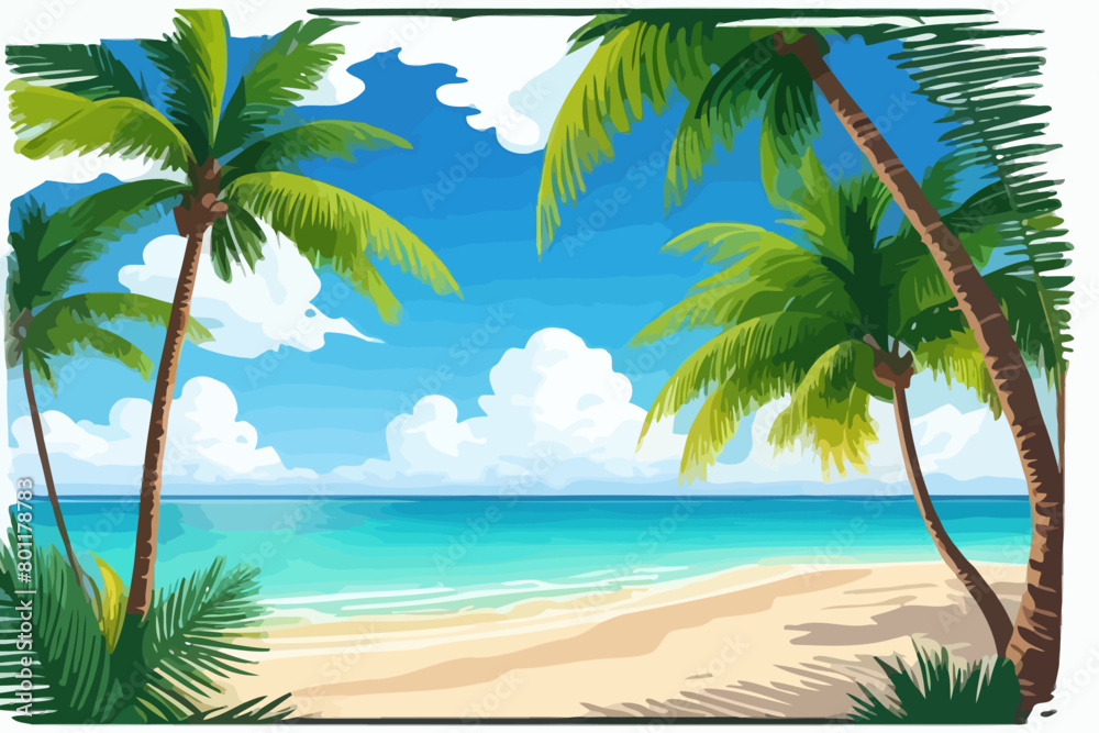 calm sea beach palms cartoon illustration