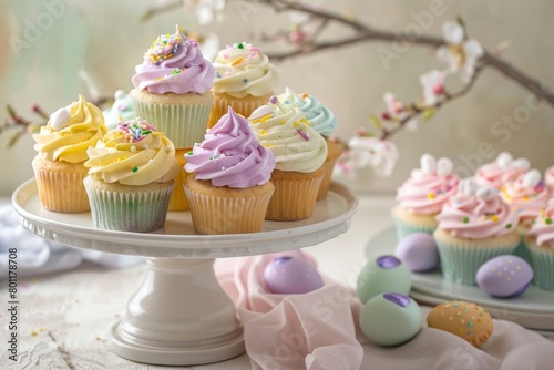 Close-up of delightful display of cupcakes with colorful frosting and sprinkles, arranged on a tiered cake stand, pastel colors