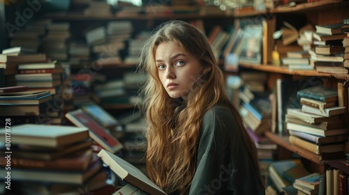 The close up picture of the caucasian girl reading the book inside the library that has been surrounded with the pile of the book, the library require quite, respectful, mindful to the other. AIG43.