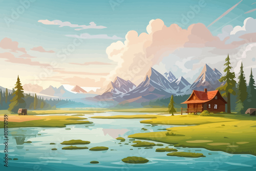 a swamp in the mountains illustration