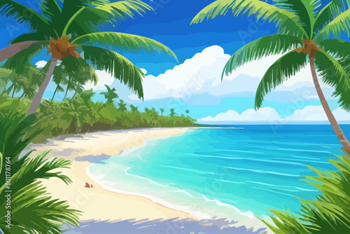 calm sea beach palms cartoon illustration 