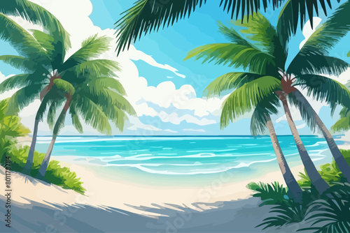 calm sea beach palms cartoon illustration  © chutima