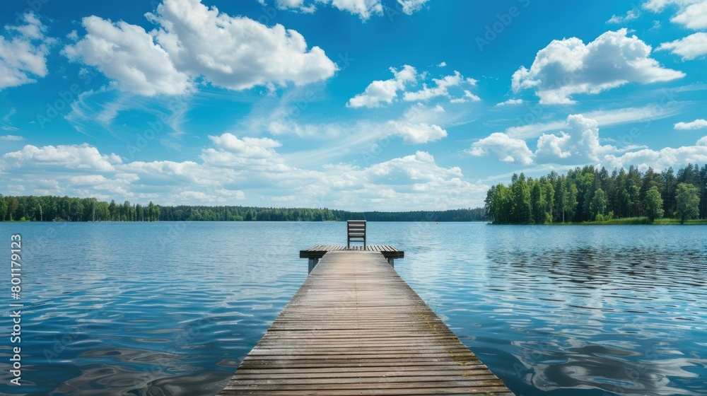 Landscape with a long wooden pier with chairs for fishing and relaxing enjoying the lake view Landscape with a long wooden pier with chairs for fishing and relaxing enjoying the lake view