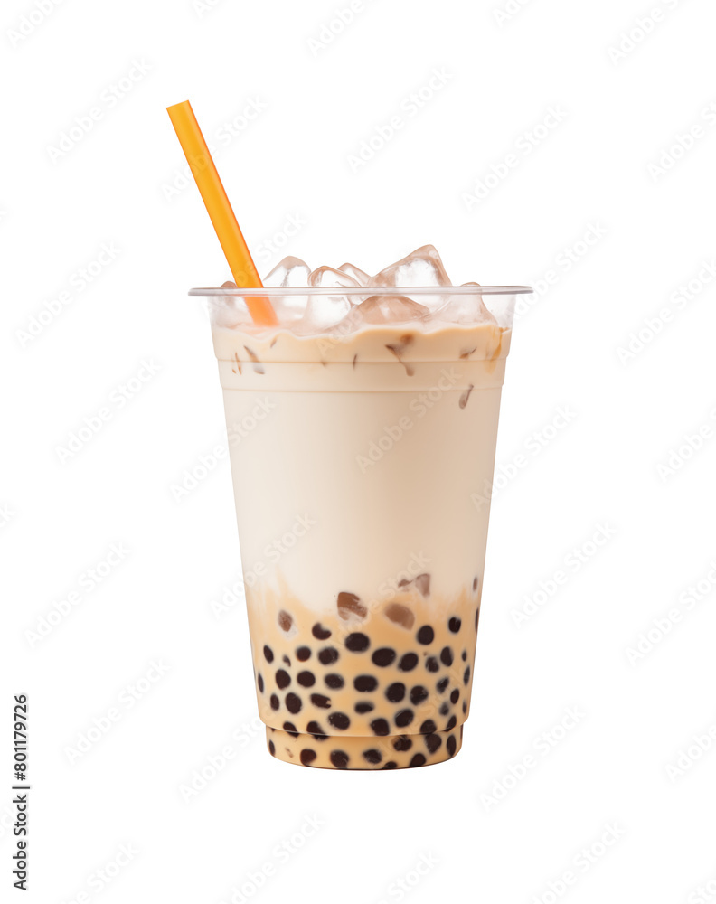 Iced bubble tea with tapioca pearls in a clear plastic cup with an straw, isolated on transparent. Generative AI Iced bubble tea with tapioca pearls in a clear plastic cup with an straw, isolated on transparent. Generative AI