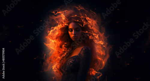 Flaming beauty woman set against a black background. Supernatural woman on fire. Fiery long hair. Walking trough the fire. Also related to: Fierce, Mighty, Robust, Vigorous, Forceful, Unyielding