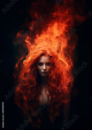 Flaming beauty woman set against a black background. Supernatural woman on fire. Fiery long hair. Walking trough the fire. Also related to: Intensity, Incandescence, Fiery, Hot, Infernal, Radiant