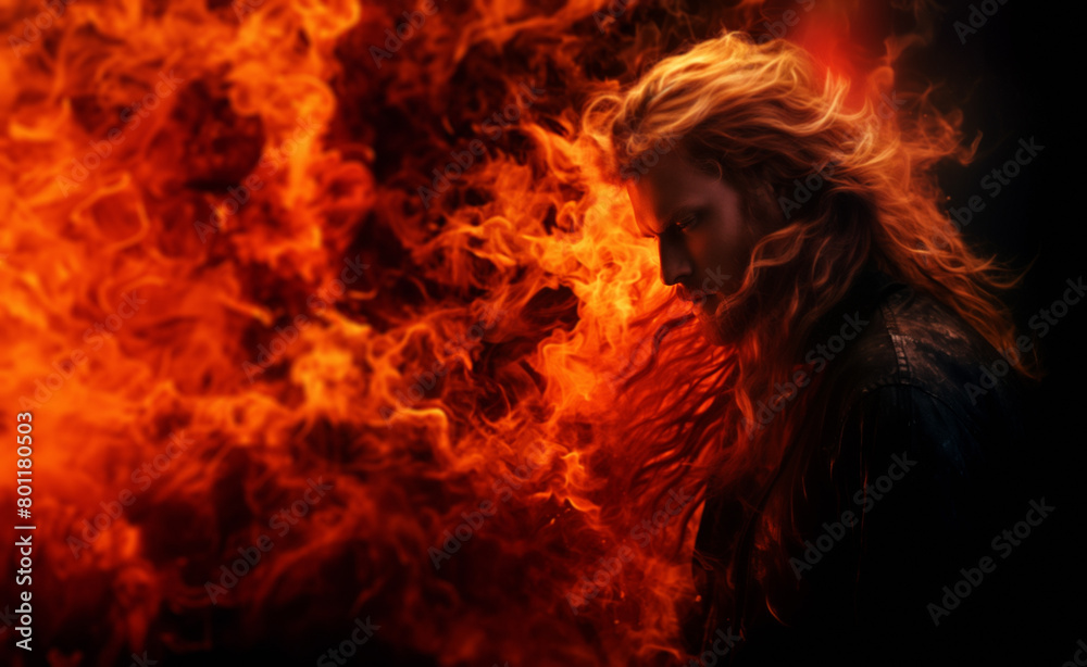 Flaming handsome tough blond man set against a black background. Supernatural man on fire. Fiery long hair. Walking trough the fire. Also related to: Robust, Vigorous, Forceful, Unyielding, Assertive