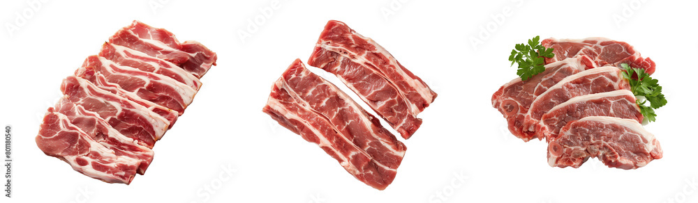 Raw pork ribs. Raw meat, Whole raw pork ribs. Raw pork meat - spare ribs or belly. Fresh meat and ingredients. Butchery, market. isolated on white background Raw pork ribs. Raw meat, Whole raw pork ribs. Raw pork meat - spare ribs or belly. Fresh meat and ingredients. Butchery, market. isolated on white background