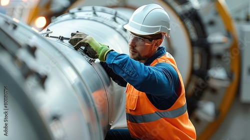 An engineer repairing the blade of a wind turbine. The focus should be on the engineer's hands and tools as they work on the intricate mechanics of the turbine blade. Generative AI.