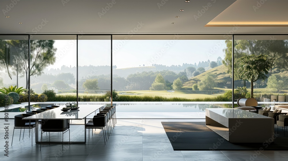 A luxury minimalist dining room overlooking a beautiful golf course scenery. Generative AI.