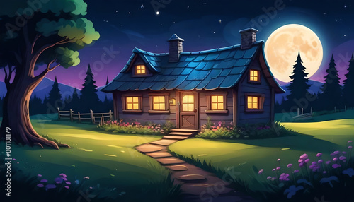 Summer countryside landscape with house at night. Starry sky with full moon in evening and mystery light from gnome home window. Fairytale cottage in darkness of midnight. Magic dwarf hut design