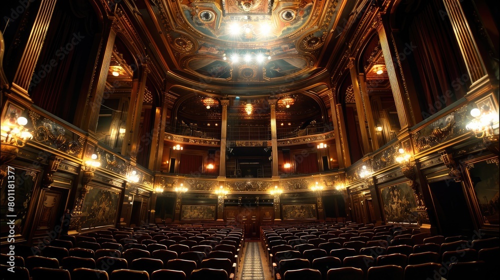 Obraz premium Grand Theater, black gold, super wide angle, magnificent perspective. Generative AI.