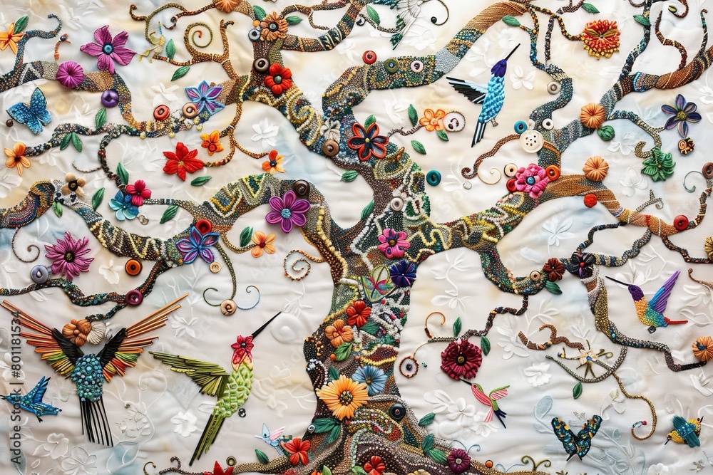 Art piece using embroidered thread and silk ribbons, incorporating ...