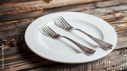 Empty white plate on table with fork and knife