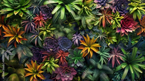 A lush, vibrant background filled with a variety of tropical succulents, their thick leaves ranging in colors from deep greens to bright purples.