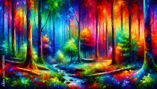 Colorful Impressionistic Forest Scene - Artistic Woodland with Rainbow Colors Background, Wall Art
