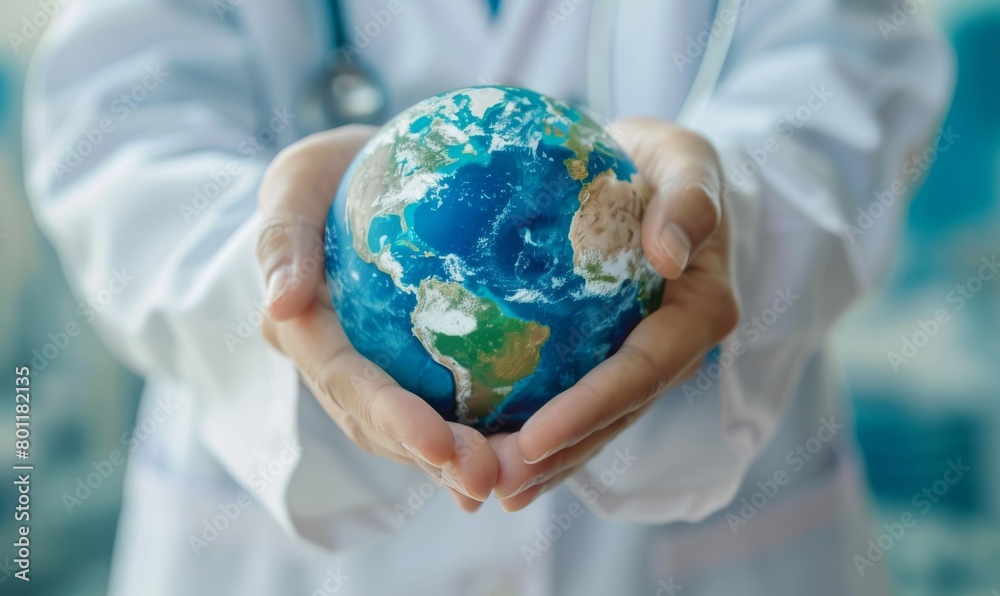 Medical doctor carefully holds the Globe in his hand. The concept of World Health Day. Medical doctor carefully holds the Globe in his hand. The concept of World Health Day.