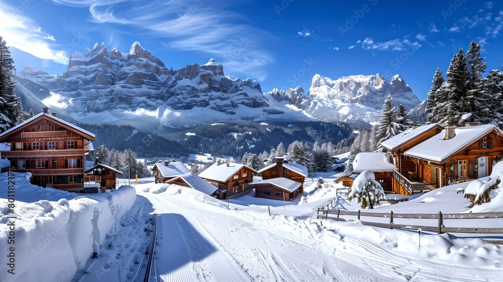 Scenic Winter Wonderland with Snow-Covered Chalets and Majestic Mountain Backdrop. Ideal for Holiday Postcards and Seasonal Wallpapers. Tranquil Alpine Village Awaits Discovery. AI