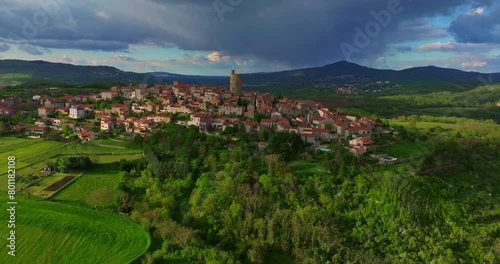 Aerial above the old town of Montpeyroux in France at sunset photo