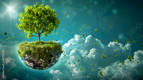 green earth planet with tree , surrounded by white clouds in the sky, World environment day concept
