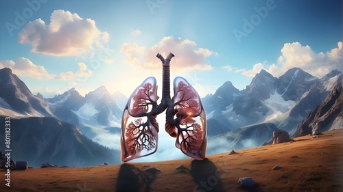 A Stunning Alpine Setting Representing the Human Respiratory System, Stunning Abstract Representation of Human Lungs in a Mountainous Setting, An Abstract and Stunning Visual Representation,