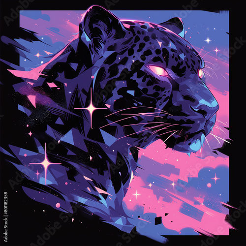 Black panther badge for t-shirt design. Leopard concept poster. Creative graphic design. Cyberpunk vaporwave style. Digital artistic raster bitmap illustration. Graphic design art. AI artwork.