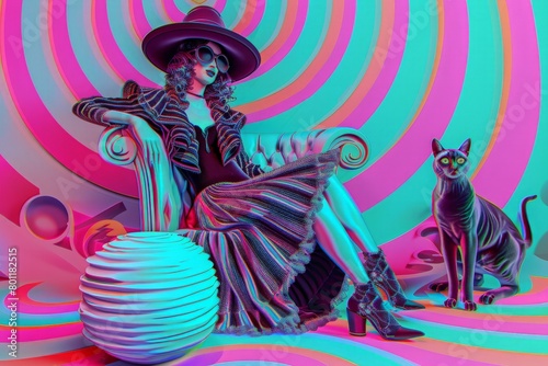 A whimsical woman with elongated limbs sitting on a chair sculpture. The woman wears a large wide-brimmed hat and a bizarre, long, and chic dress, striking a fashionable pose and showing off her sculp photo