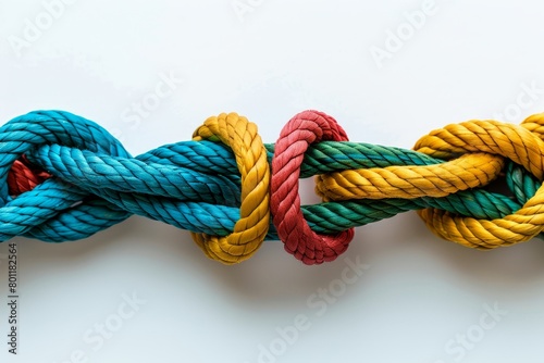 Colorful braided ropes symbolizing unity, diversity, and teamwork concept on white background