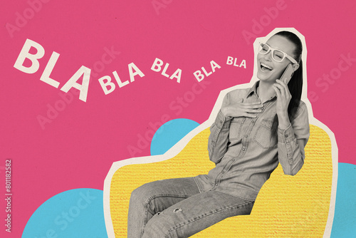 Composite trend artwork sketch image 3D photo collage of young lady sit armchair hold hand smartphone talk happy bla friendly smalltalk photo