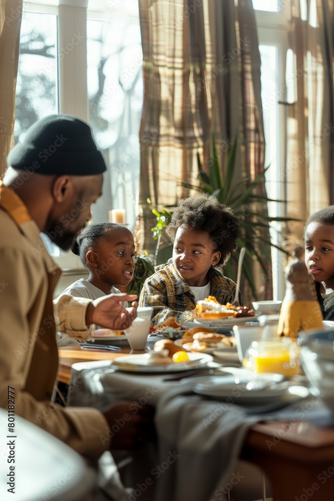 An American Black family having a lively conversation during breakfast