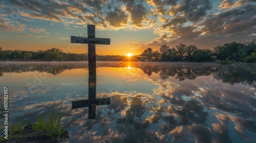 Show the cross reflected in the still waters of a lake or river, its image mirrored in the tranquil surface as the sun sets in the distance.