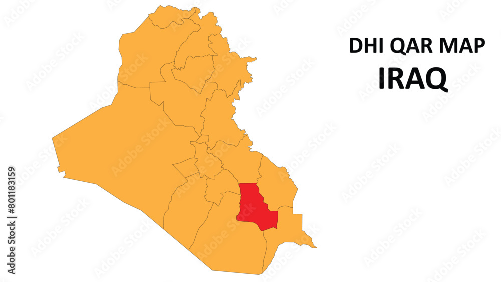 Obraz premium Dhi Qar Map is highlighted on the Iraq map with detailed state and region outlines.