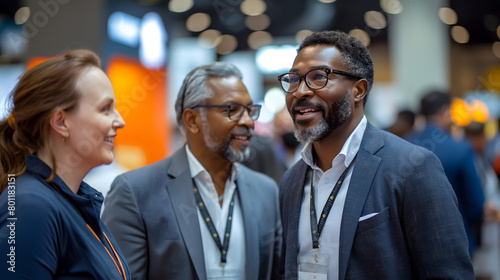 A smiling African American businessin a suit walks past a cafe with people socializing outdoors